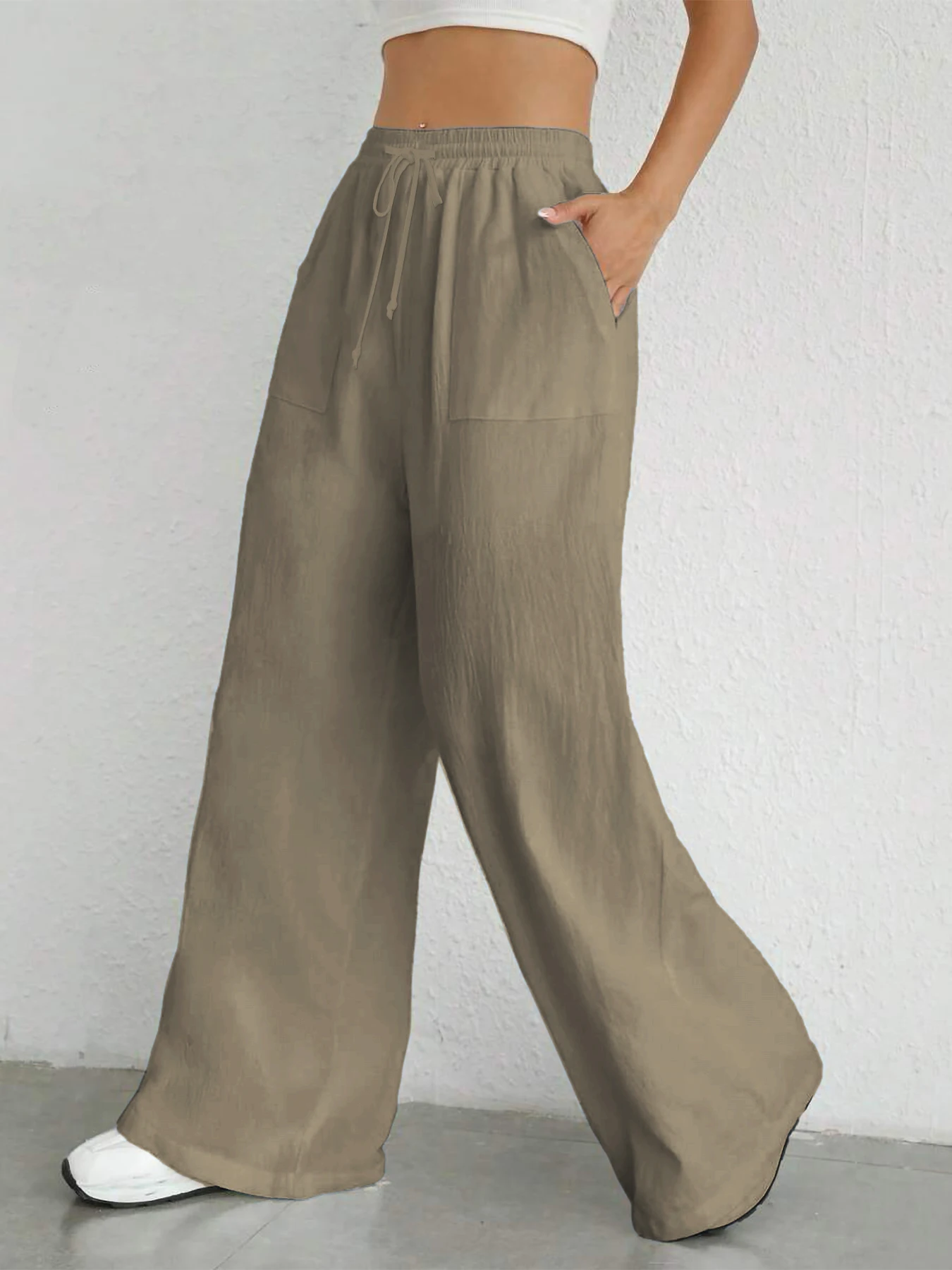 Damen-Hose in Unifarbe, lockere Hose mit weitem Bein, lässige Hose mit Kordelzug, gerade Hose mit Taschen, lässige Hose, lockere Hose mit hoher Taille – Detail 25