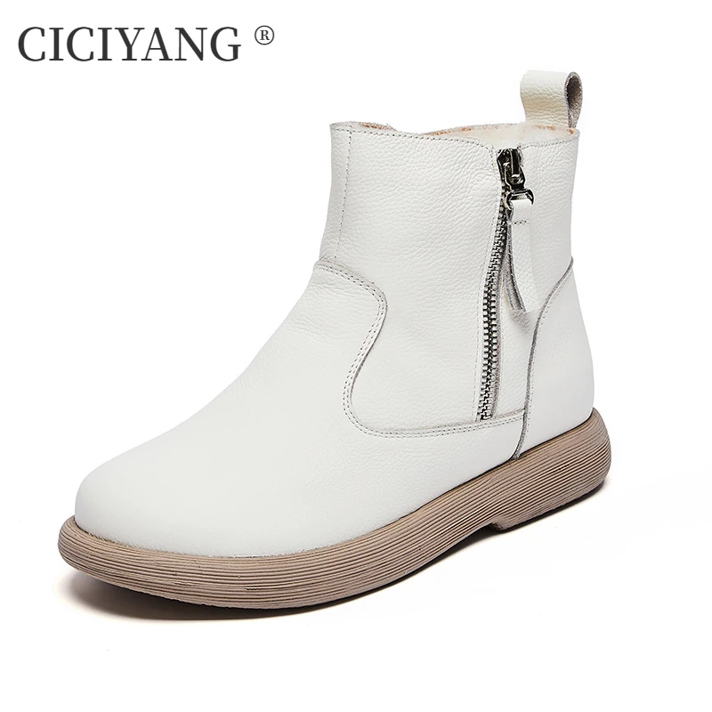 CICIYANG Women Winter Boots Cowhide Ankle Boots Retro Casual Genuine Leather Mother Boots Fur Keep Warm Flats Anti-slip Booties