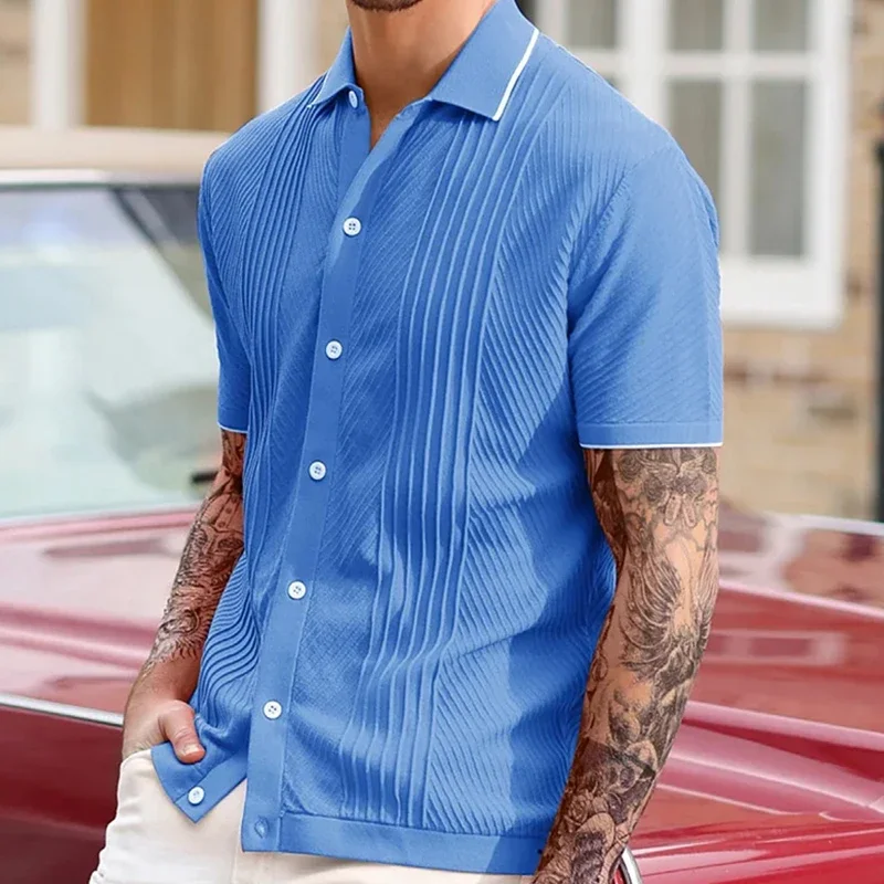 Men's short sleeve button-down shirt, business leisure knits, vintage fashion, luxury, quite solid, document, summer
