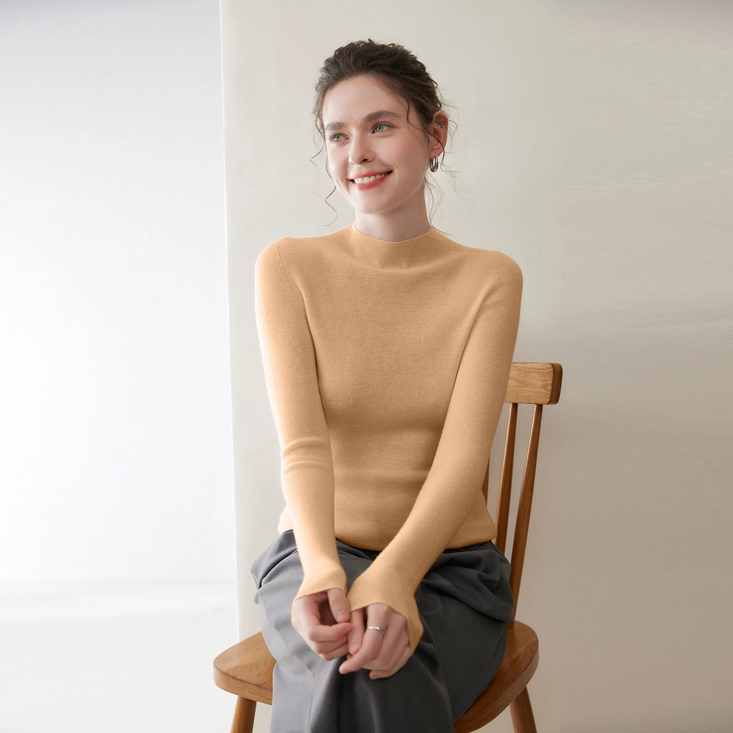 Women's 100% Merino Wool Pullover Sweater Mock Neck Fine Rib Texture Knit Timeless Elegant Fitted Autumn Winter Base Knit Top
