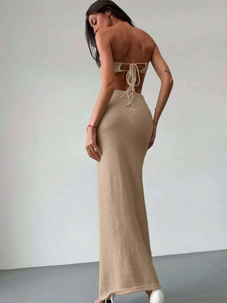 BKQU โครเชต์ชุดกระโปรงชายหาดผู้หญิง 3D ดอกไม้เซ็กซี่ LACE-up บิกินี่ด้านบน Slim ถักกระโปรงยาว 2 ชิ้นฤดูร้อนวันหยุดชุด