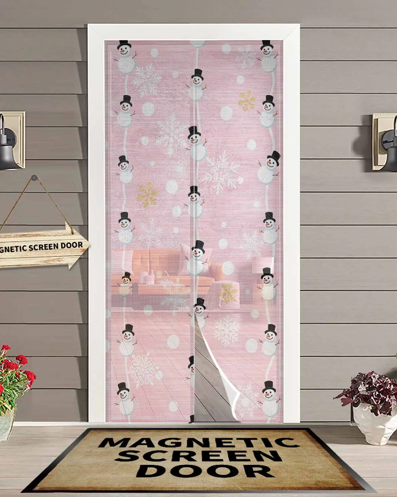 

Pink Christmas Snowman Line Magnetic Door Curtain Living Room Bedroom Home Anti-mosquito Screen Door Curtain