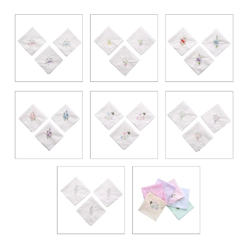 

Ladies Cotton Embroidery Handkerchiefs Womens Soft Solid Candy Color Hankies