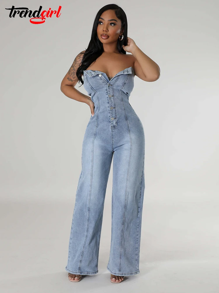 Mlaiscsr Off Shoulder Tube Top Backless Denim Jumpsuits Women Blue Single Breasted Wide Leg One Pieces Romper Jean Overalls