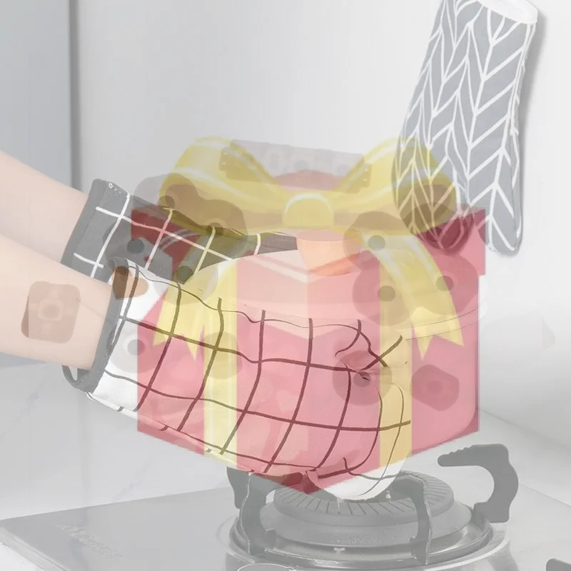【HG】1pc Insulated Kitchen Gloves Anti-Scald Heat-Resistant Thickened Oven Microwave Grid Gloves
