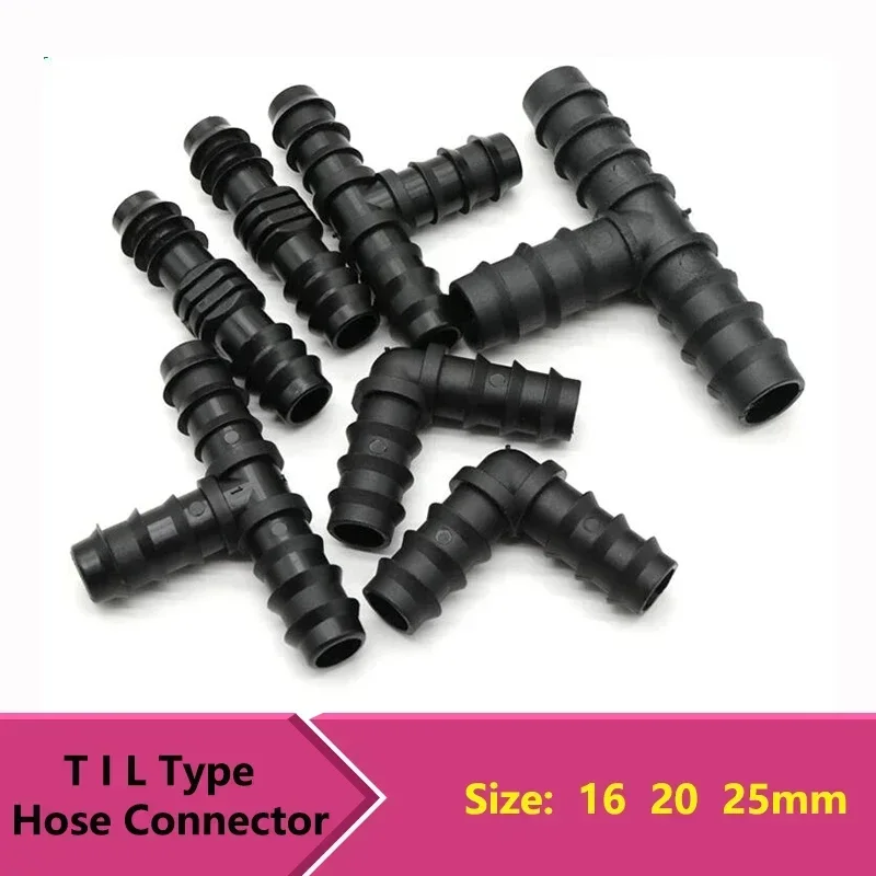 10pcs Black PE Plastic Pipe Connector 16 20 25mm T Type Straight Elbow Plug Micro Spray Irrigation Accessories Hose Pipe Fitting