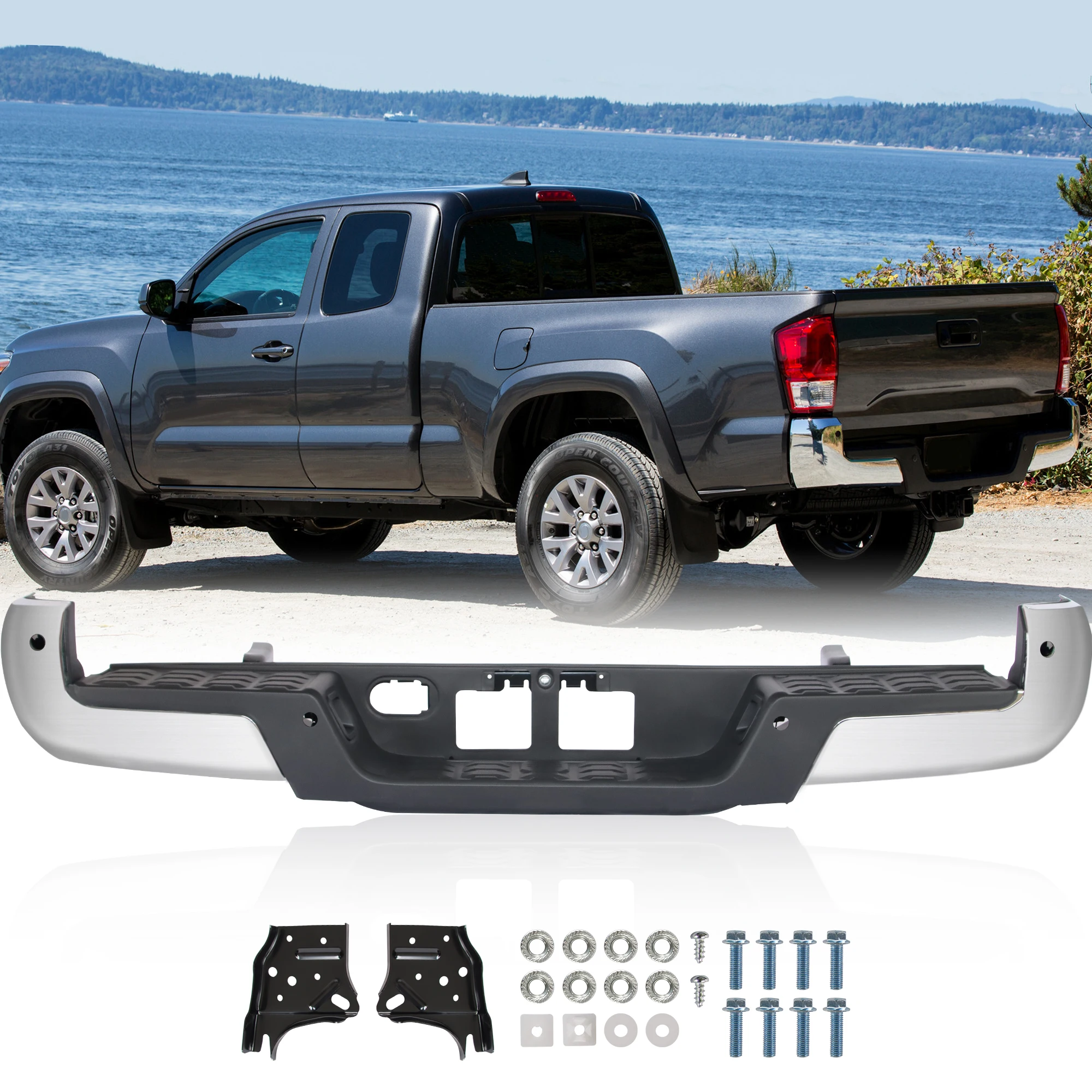 Chrome Rear Step Bumper For Toyota Tacoma 2016-2023 With Parking Aid Sensor Hole