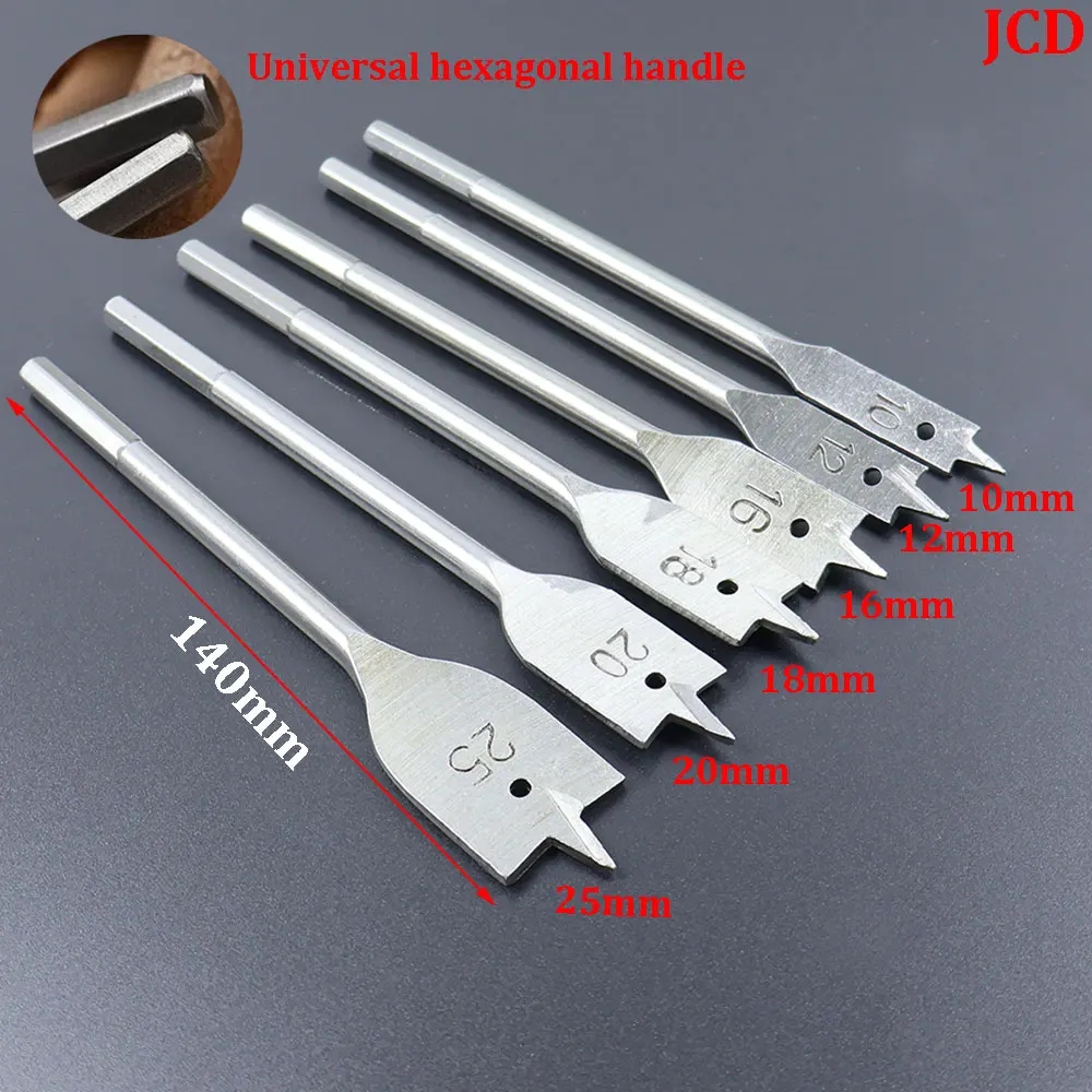 6pc Hexagonal Handle Woodworking Hole Opener Wooden Board Drilling Bit Tool Set Natural Color Three Pointed Flat Drill Bit