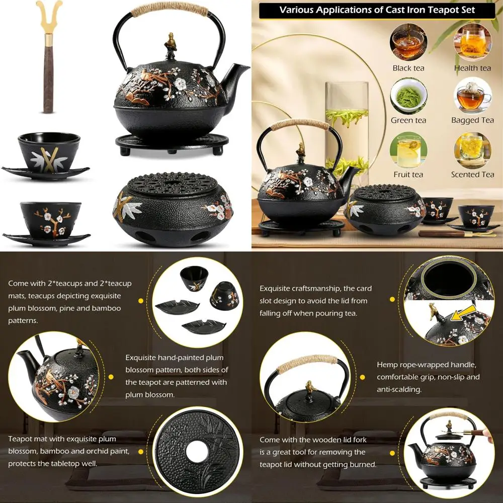 

Japanese Cast Iron Teapot Set with Warmer, 720ml Capacity, Includes 2 Tea Cups, Ideal for Soothing Tea Experience