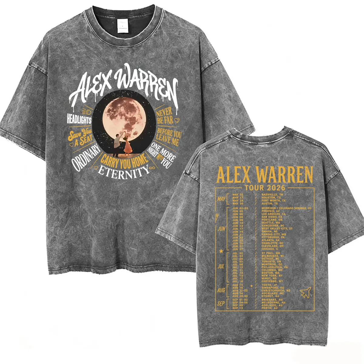 Alex Warren Moon Artwork Music Tour 2026 Vintage Washed T Shirt Men Women Fashion Punk Hip Hop T-shirts Summer Tops Loose Tshirt