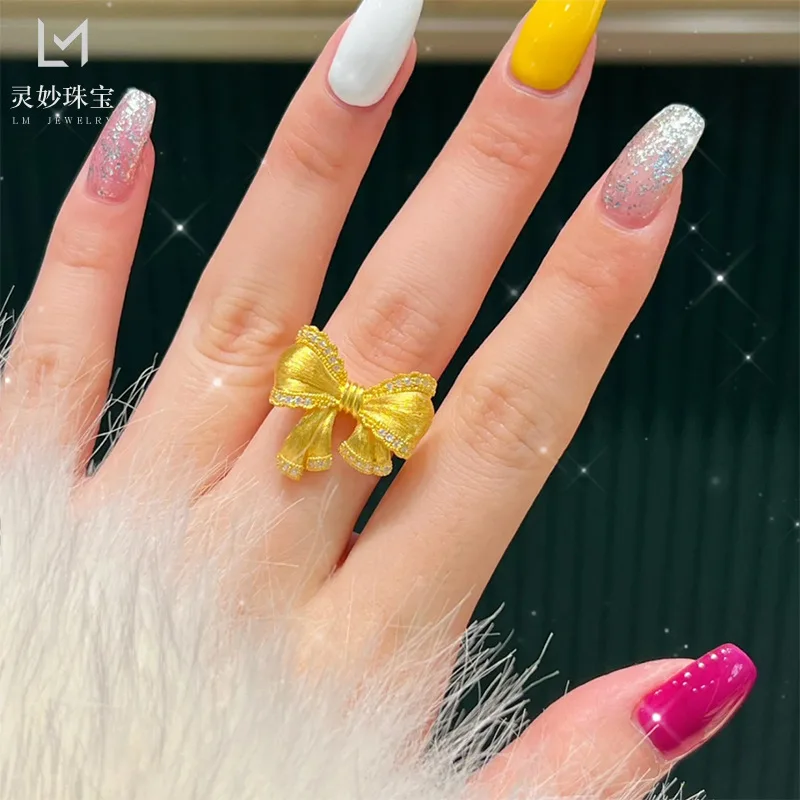 

9999 24K real gold luxury jewelry point diamond bow ring women's opening adjustable ring high-end feeling