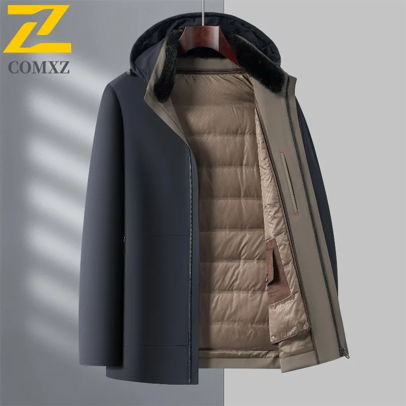 COMXZ High Quality Mens Long Down Jacket Hooded Outdoor Office Lightweight Puffer Jackets Luxury Business Windproof Winter Parka