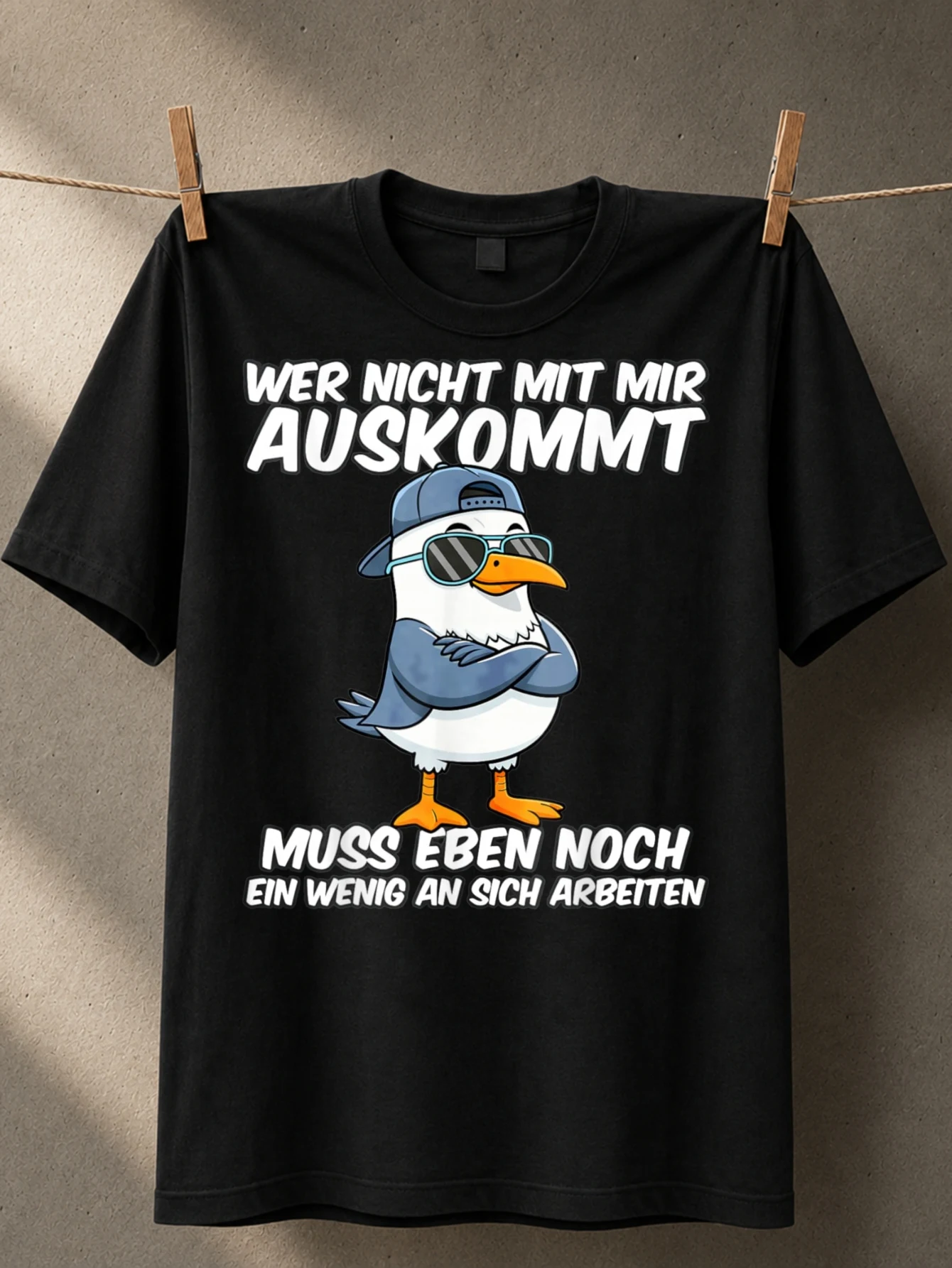 Simple Seagull with German Auskommt phrase cool bird wearing and crossed wings and clean cartoon  Unisex All T-Shirt