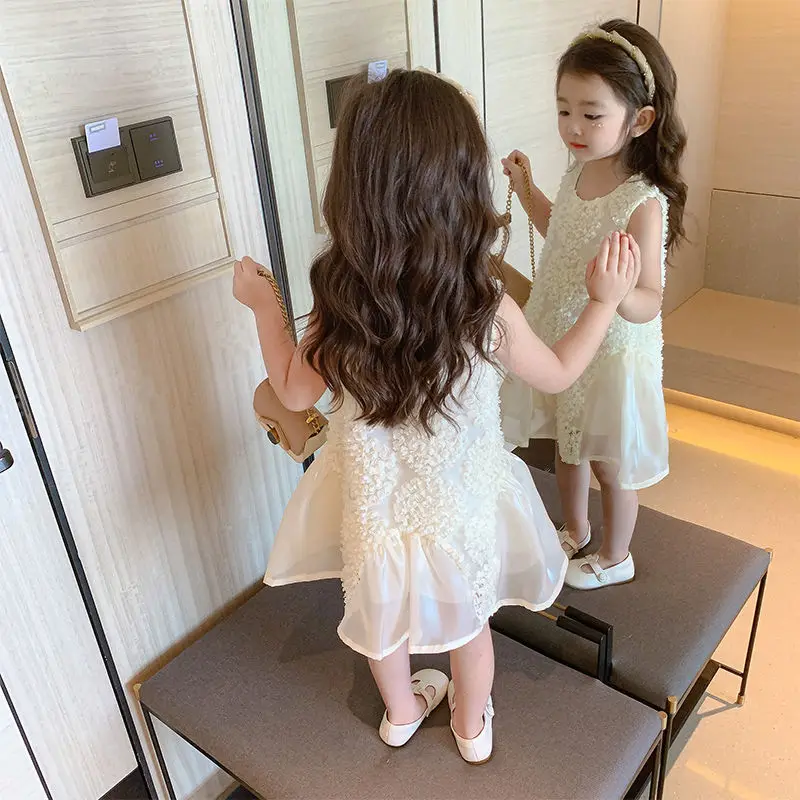 Summer Elegant Fashion Harajuku Slim Fit Children Clothes Loose Casual All Match Princess Dress Solid O Neck Sleeveless Dresses