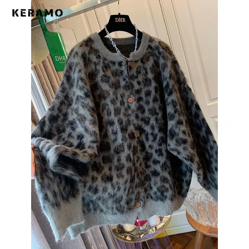 2025 Winter Vintage Single Breasted Sweater Women Knitting Leopard Print Jumpers Fashion Casual Long Sleeve O-neck Cardigans