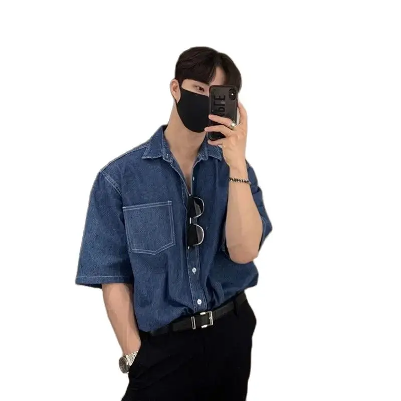 Korea Sommer Männer Frauen Denim kurz ärmel ige Tasche Shirt Freizeit Button-Down koreanische beliebte Streetwear stilvoll