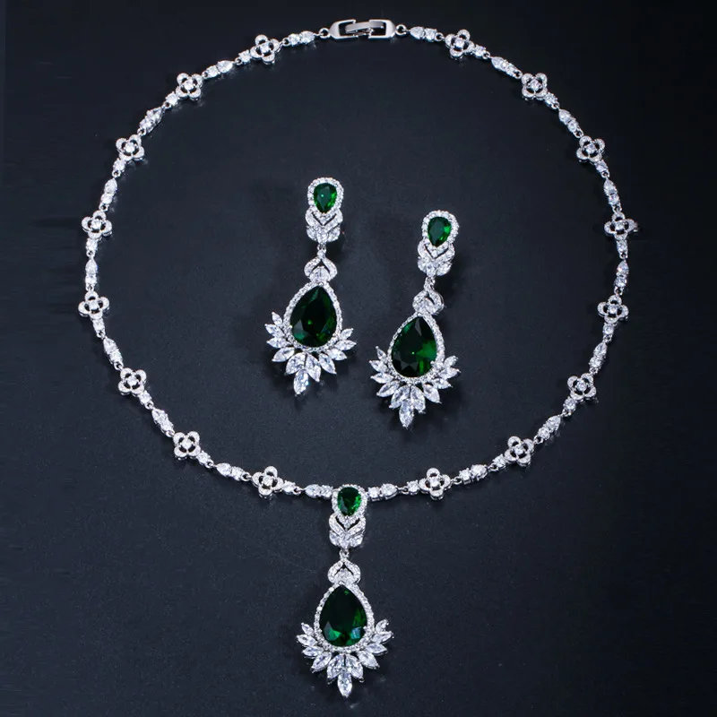 

Vintage Jewelry Set 2pcs Necklace And Earring Sets For Women Deep Green Zirconia Luxury Party Fashion Accessories T0105