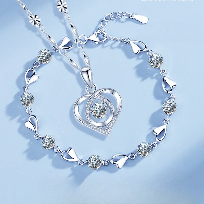 925 Sterling Silver Heart Shaped Necklace Bracelet Set For Women Retro Korean Blue Crystal Jewelry Set Original Party Jewelry