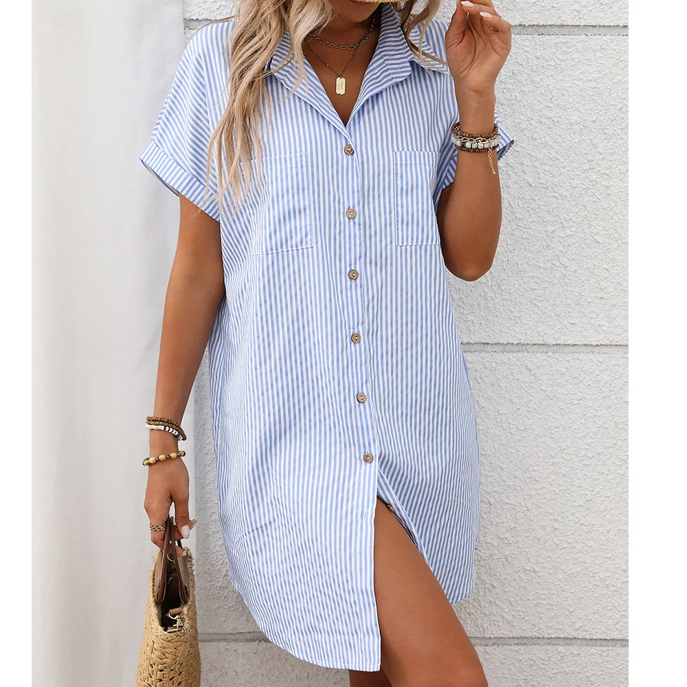 

2025 Summer Women's Shirt Dress Striped Short-sleeved Cardigan Striped Cotton Linen Midi Skirt for Female