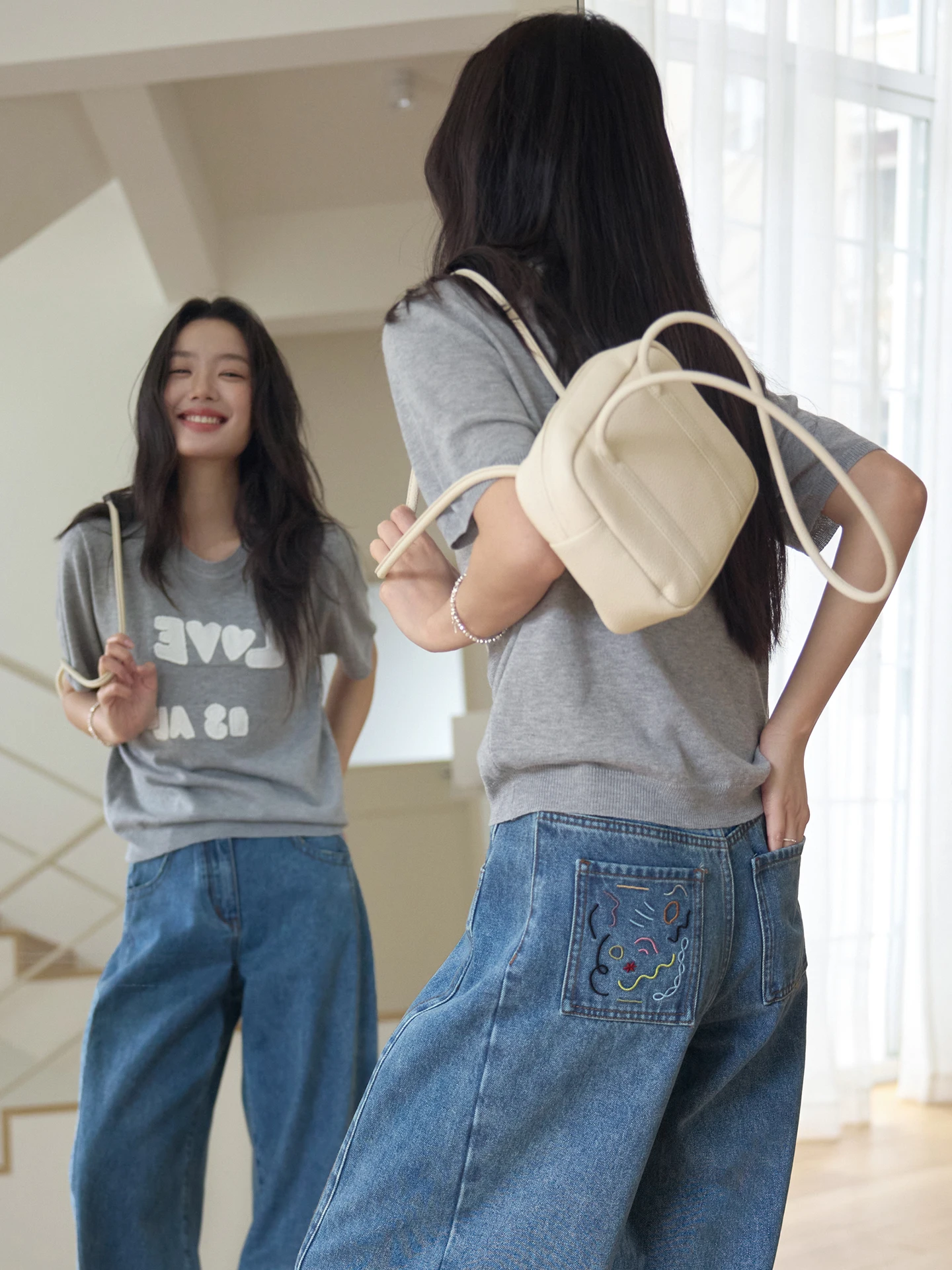 

Lightweight Short Sleeve Knitted T-Shirt Grey 1313 Letter Patch Casual Comfortable Overhead Top for Women Summer Fashion