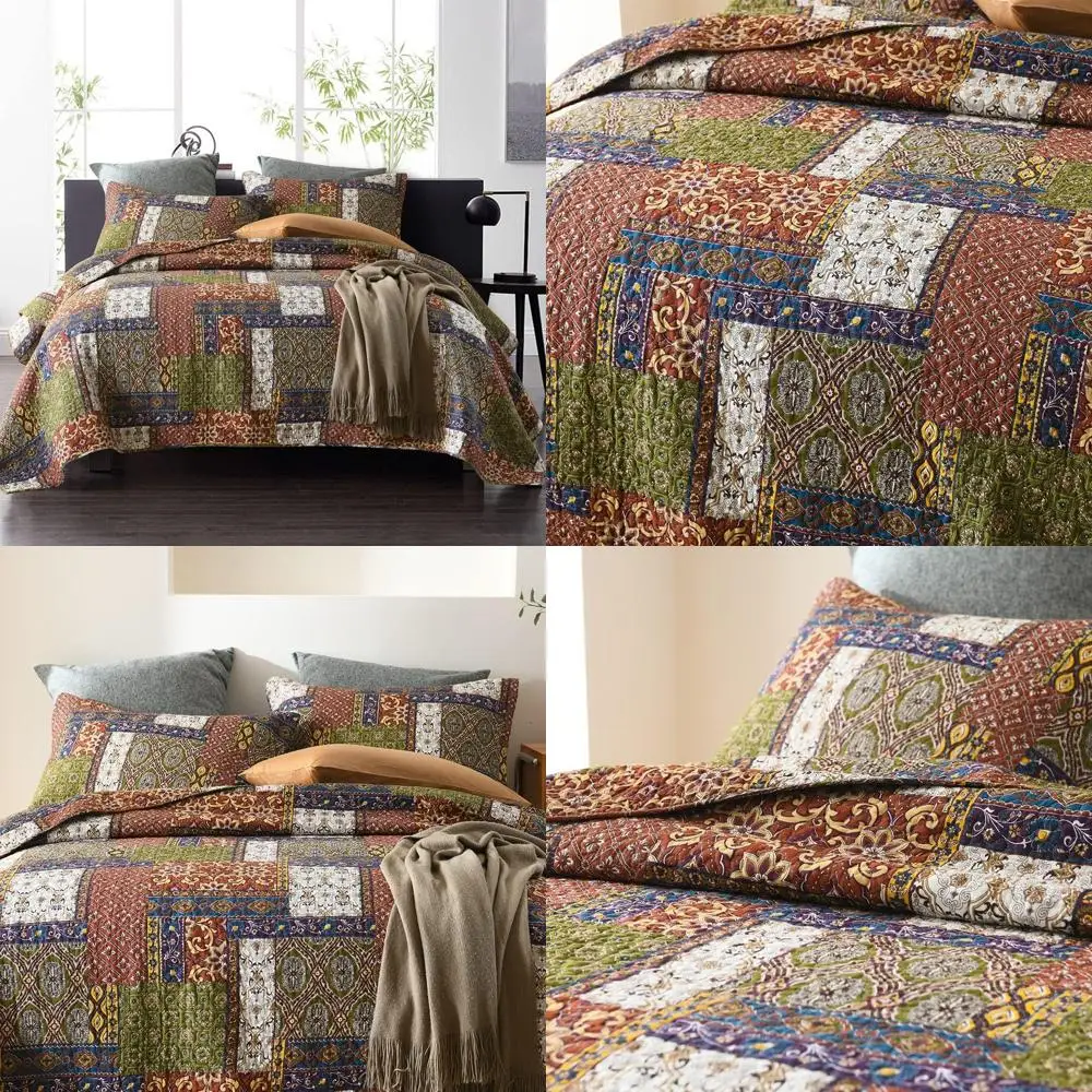 

Vintage Bohemian Patchwork Queen Cotton Bedspread Set - Reversible Brown Comforter