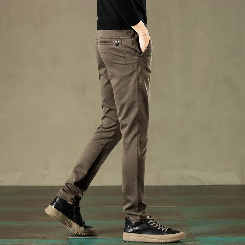 2024 Spring New Men\'s Casual Pants Brand Clothing Business Elastic Waist Thick Classic Slim Trousers Male Black Grey Brow