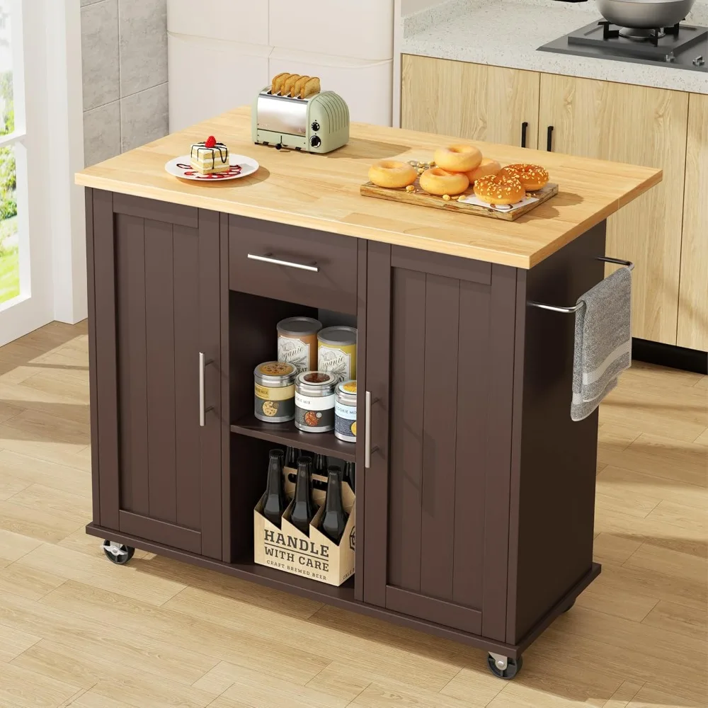 42-inch Wheeled Storage Kitchen Island with Folding Tabletop, Drawers, and Towel Rack Handles; Customizable