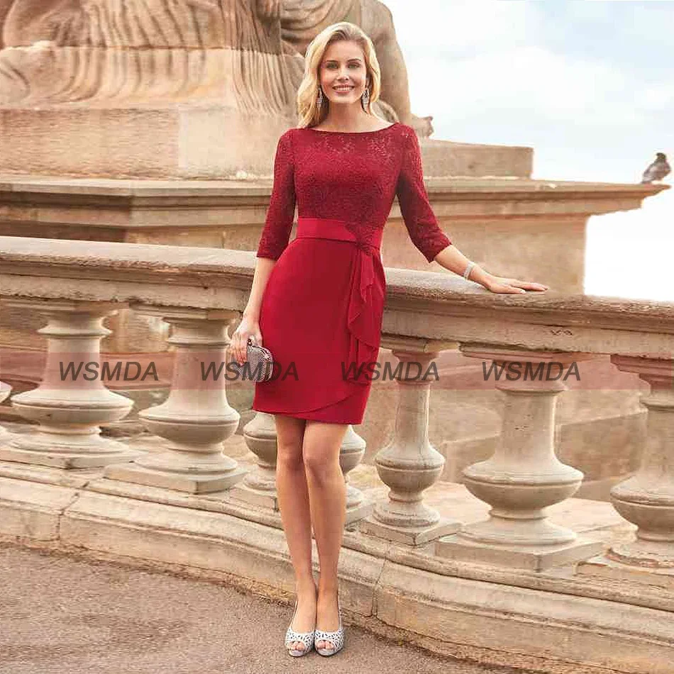 

Pleat Red Formal Mother Of The Bride Dress 3/4 Sleeves Scoop Neck Top Lace Knee Length Mother Party Gowns Custom Made