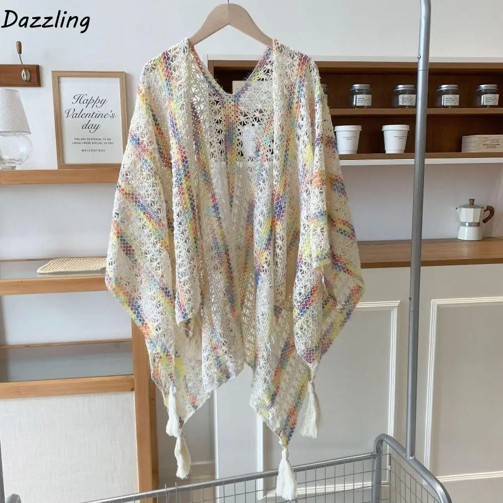 

Casual Elegant Ethnic Style Tassel Shawl Thin Hollow Sunscreen Crochet Cardigan Retro Colorful Beach Scarf Women