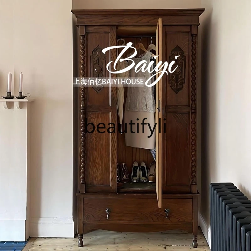 

American, retro, wardrobe storage, French, solid wood engraving two-door wardrobe storage