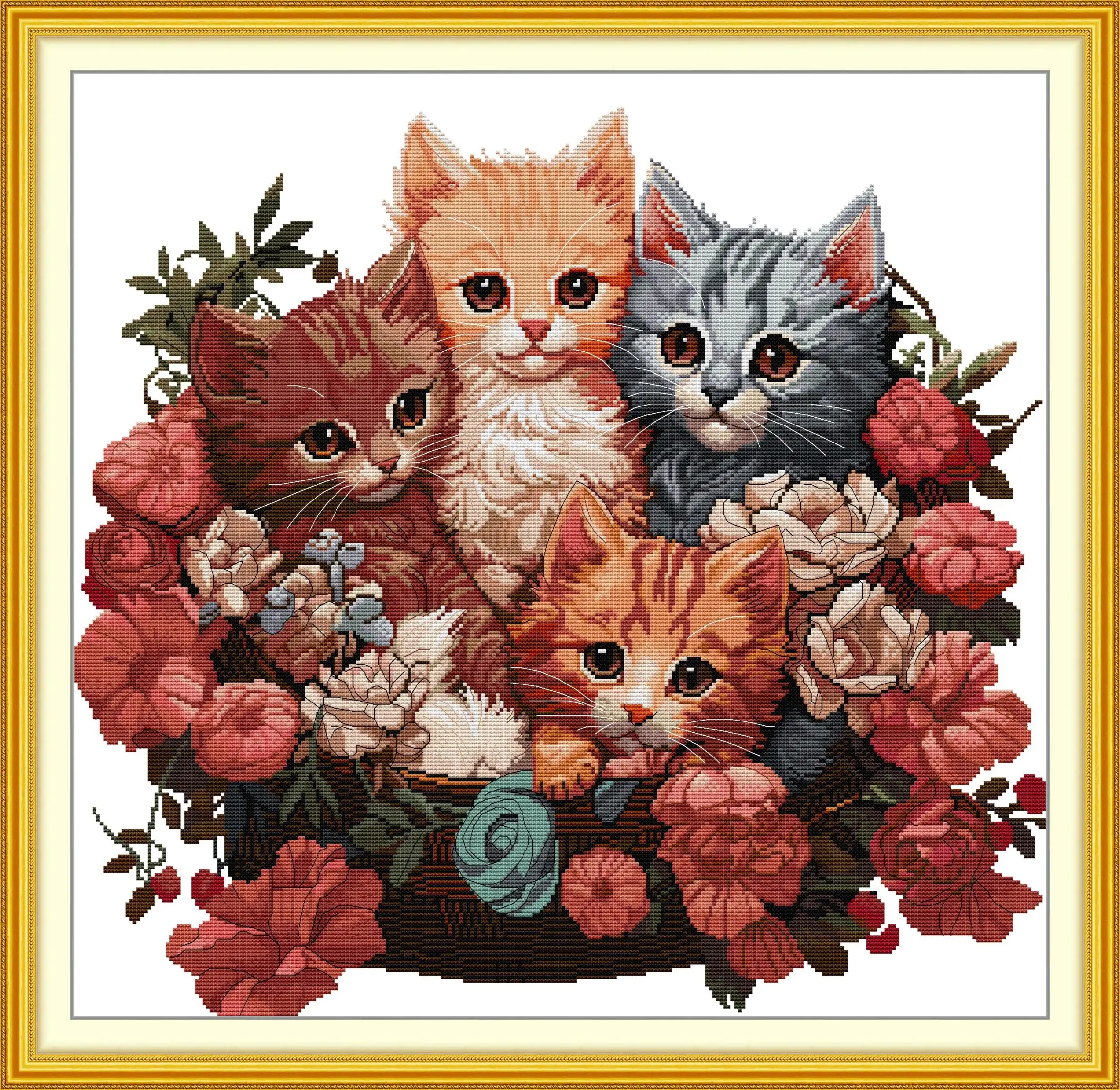 Joy Sunday Pre-printed Cross Stitch Kit  Easy Pattern Aida  Stamped Fabric Embroidery Set-Cluster of Kittens