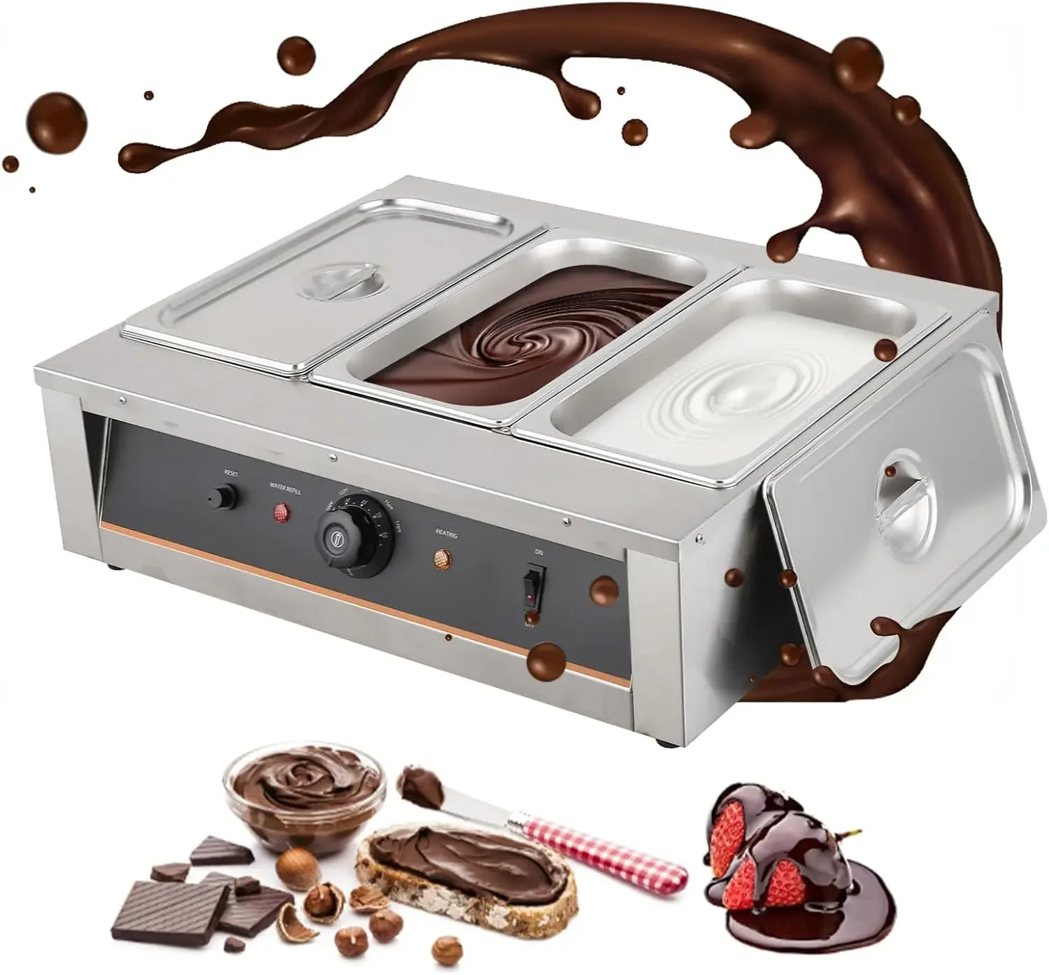 Tempering Machine - 4.12 QT*3 Tanks, Temp Control 86~185℉, 1500W Stainless Steel Electric Commercial Food Warmer for C