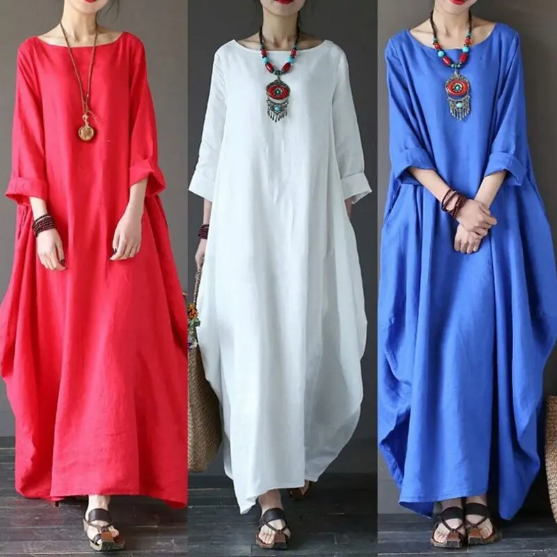Plus Size Loose Linen Long Dress New Hot Sale Of The Season Cross-Border Wish Bestseller Maxi Skirt Knitted Princess Sleeve