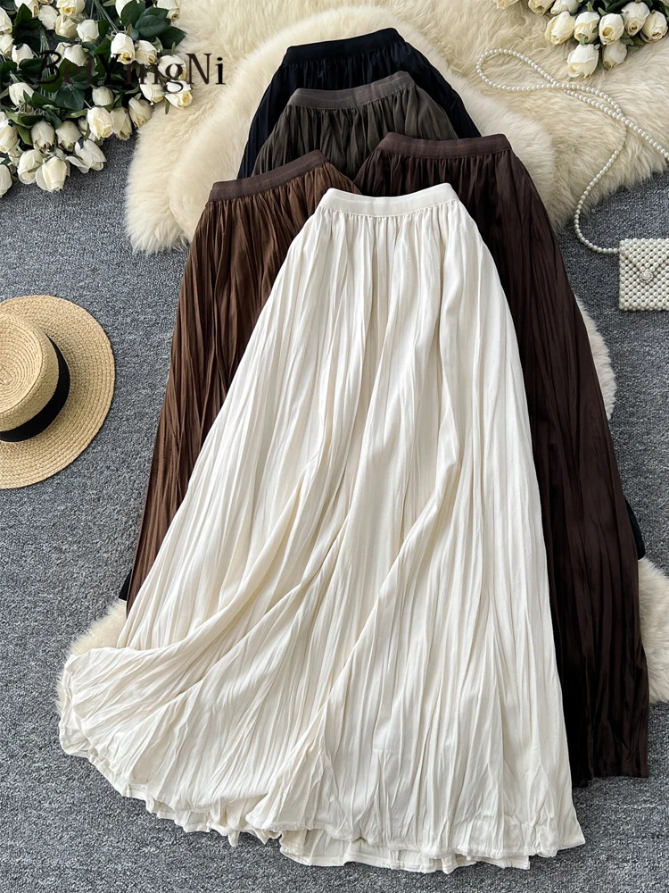 Beiyingni Autumn Korean Woman High Waist Skirt Solid Color Elegant Pleated Mid-Calf Skirts Feminine Winter New Arrivals OL Skirt