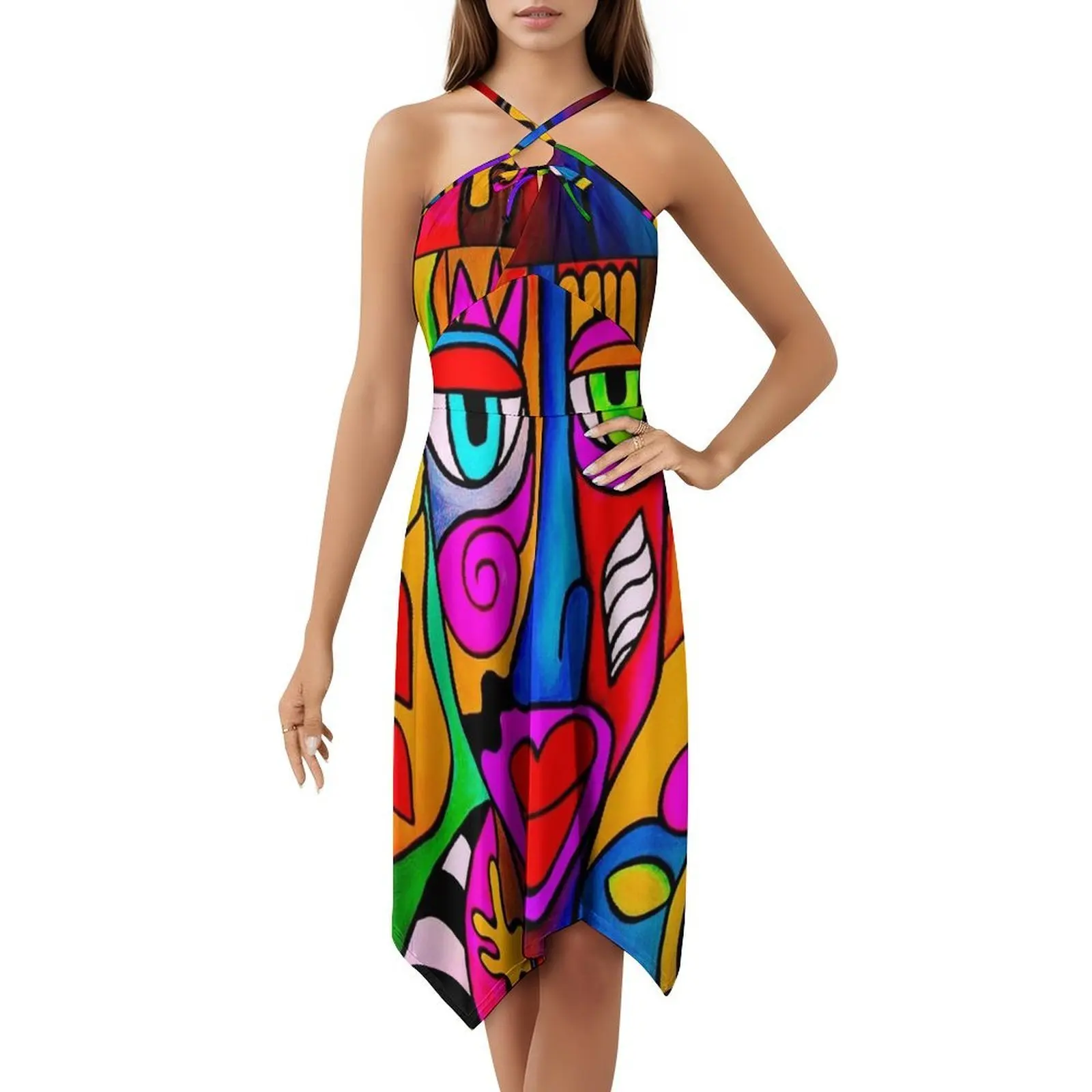 Sukienka w stylu koreańskim Funky Face dla kobiet, prosta, codzienna, do biura, jaskrawe, kolorowe, zabawne wzory kwiatowe i serca, funky, kobieca.