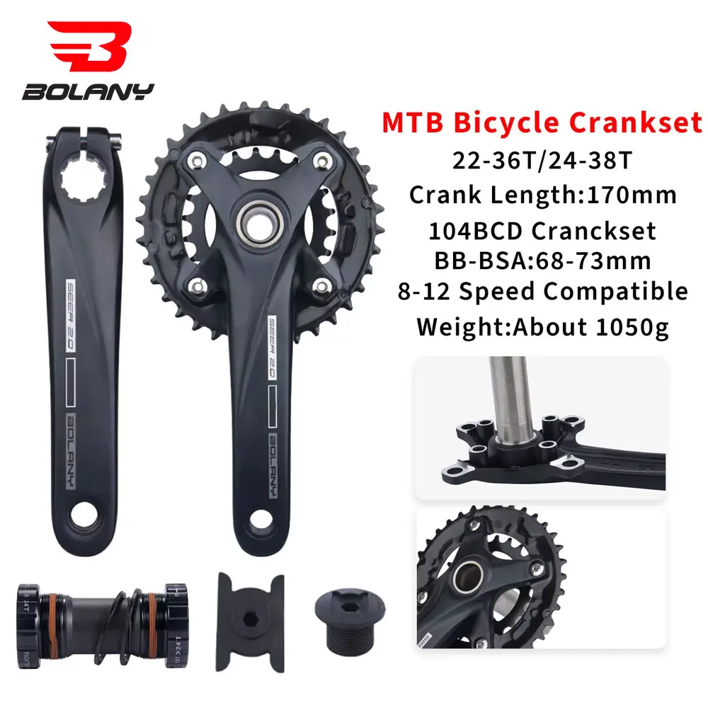 Bolany MTB Bicycle Crankset 104BCD Hollow Crank 170mm Mountain Bike Double Disc Crank 22-36T/24-38T with Bottom Bracket