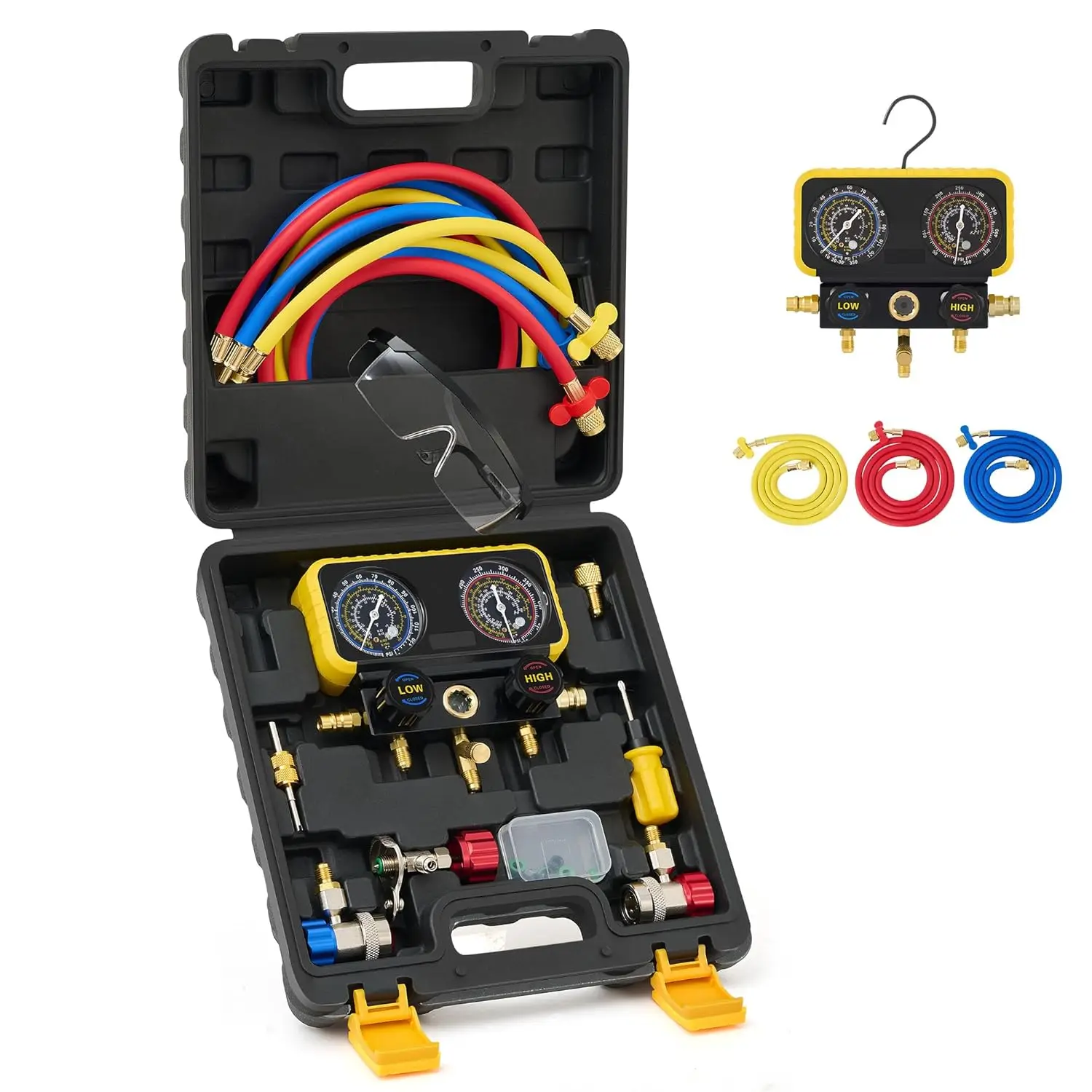 

AC Manifold Gauge Set for R134a R12 R22 Refrigerants, Automotive AC Gauge Kit with Hose and Adapters