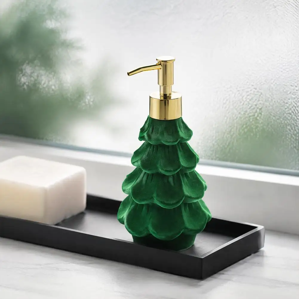 Decorative Bathroom Liquid Pump Christmas Tree Dispenser with Flocking Effect Refillable Lotion Pump Bottle for Bathroom Kitchen
