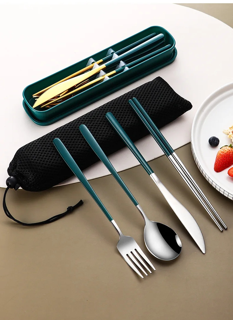 4pcs Set Portable Cutlery Set Tableware Set Camping Dinnerware Set Stainless Steel Knife Fork Spoon Kit Travel Flatware With Box