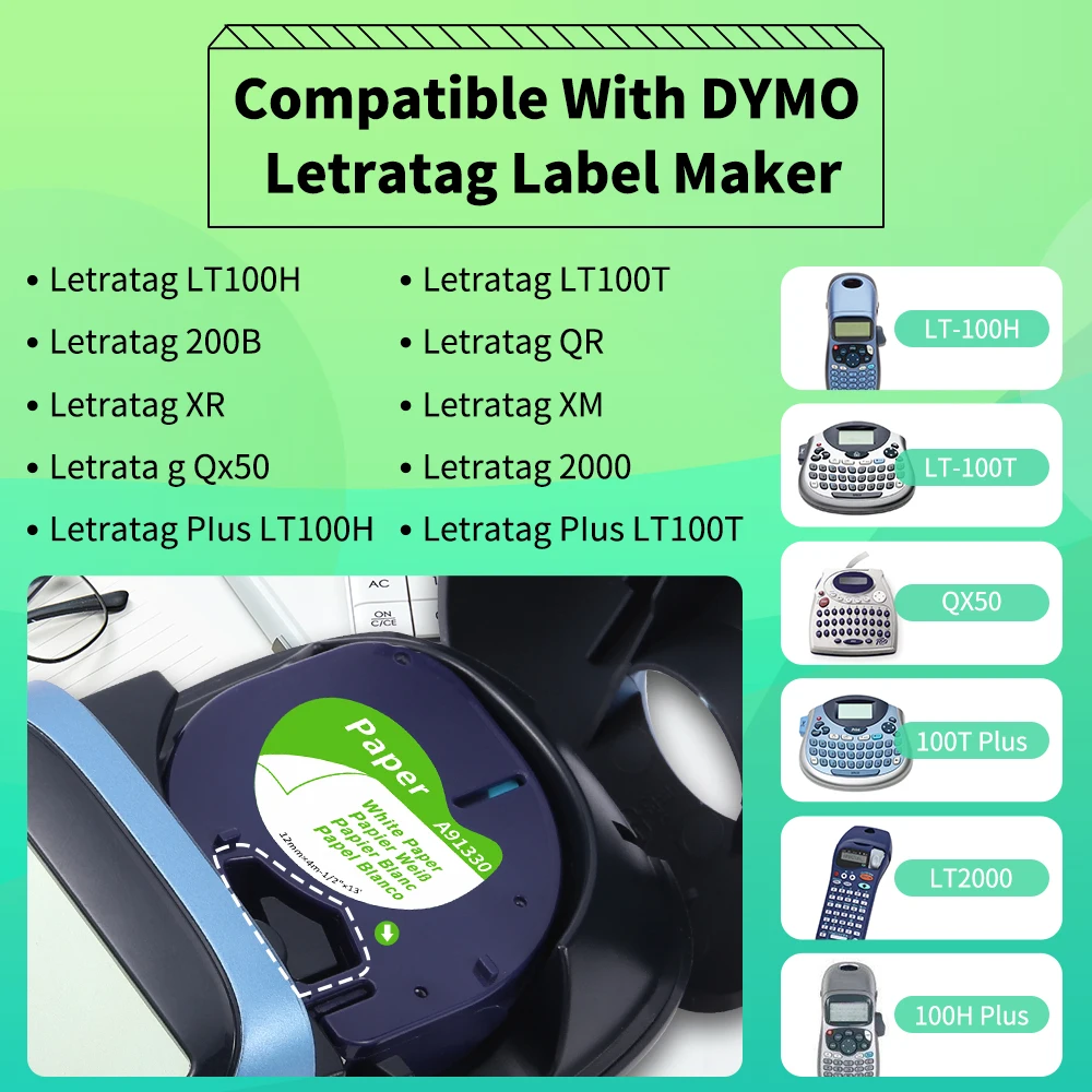 91200 91330 Compatible cinta dymo letratag for con DYMO LetraTag Plus LT-100T 200B QX50, recambio de etiquetas de Paquete de papel blanco 12mm x 4m 10697 LT, 5-20 unidades