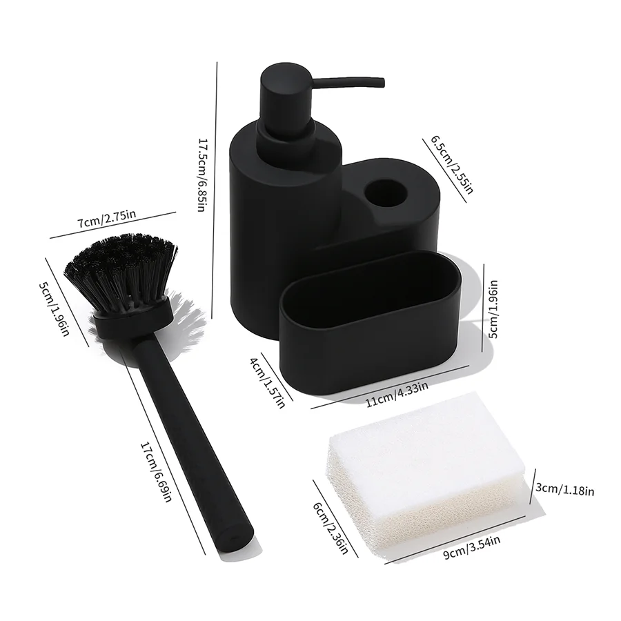 Modern Dish Soap Dispenser with Sponge Holder and Brush 3 in 1 Set for Kitchen Sink Countertop Organizer Matte Black