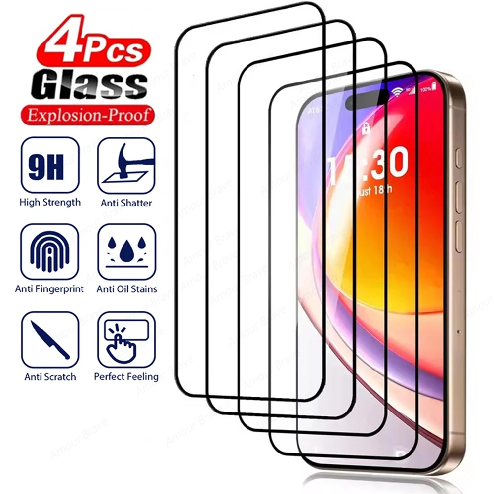 4 шт. закаленное стекло для iPhone 17 Pro 16 15 14 13 12 11 Pro Max XR Защитная пленка для экрана для iPhone 17 Air 16e 16 15 14 8 7 Plus