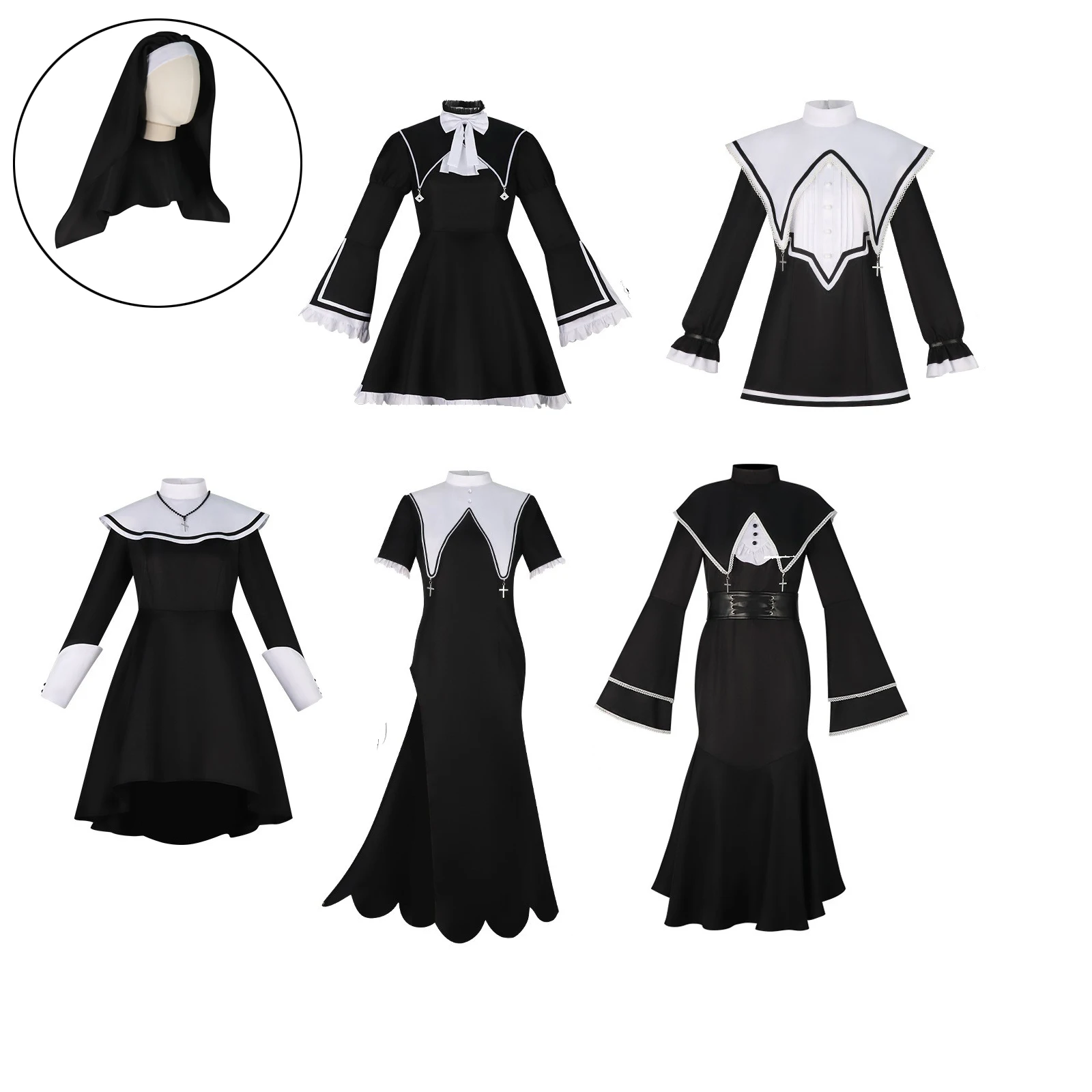Damen Gothic Nonnen-Kostüm Schwarz-Weiß Kirchenschwester-Kleid Langarm Halloween-Party-Outfit Vintage Lolita Priester-Uniform