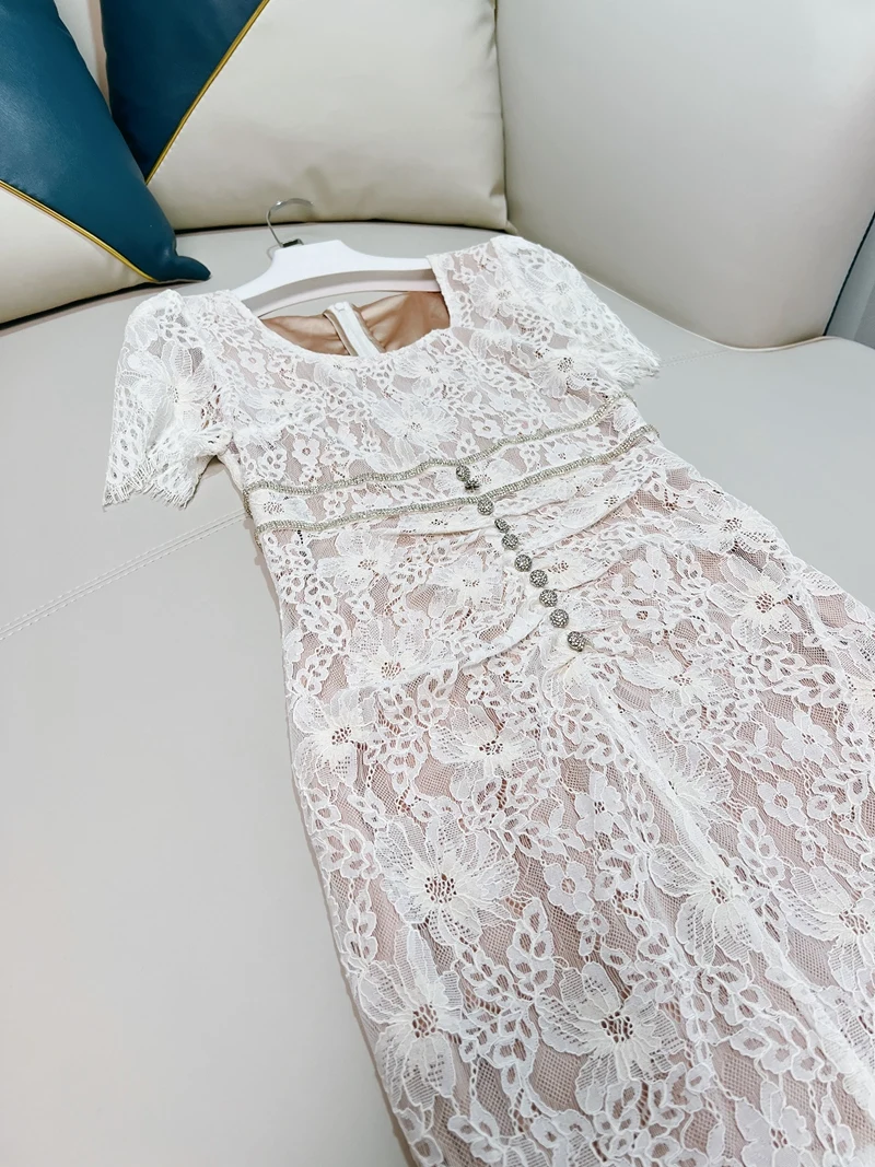 Guesed-White Lace Bud Dress for Women Square Collar French Design Water Soluble Slit Bud  Fairy Elegant Slim