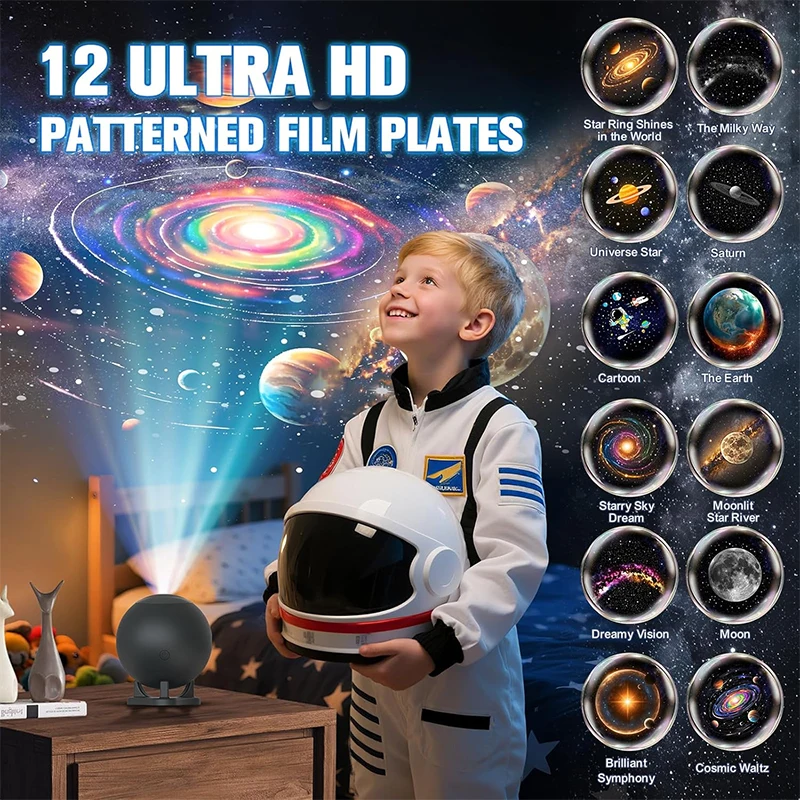 Projetor planetário para quarto, 12 discos de imagem, projetores de galáxia, luz noturna estrela, iluminação de ambiente de teto, lâmpada de espaço