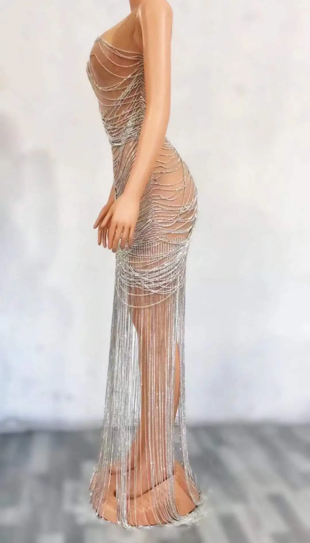 See Through Mesh Shinning Sleeveless Sexy Birthday Dress Women Stage Wear S-XL Drill Chain Party Drag Queen Fringe Outfit 2022