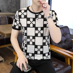 Summer Quick Drying T-shirts Men's Geometric Print Casual Slim Tshirt Breathable Comfort Social Tee Top Nightclubs Men Clothing