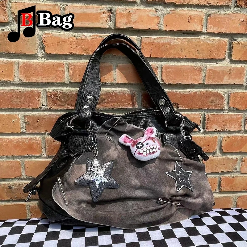 Y2K Vintage Large Capacity Handbag tote Harajuku Women Girl Punk Canvas Splicing Single Shoulder underarm Bags Messenger bags