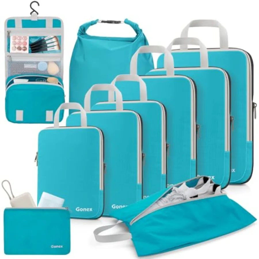 Compression Packing Cubes Expandable Storage Travel Bags for Suitcase Luggage Organizers with Hanging Toiletry Bag Laundry Bag