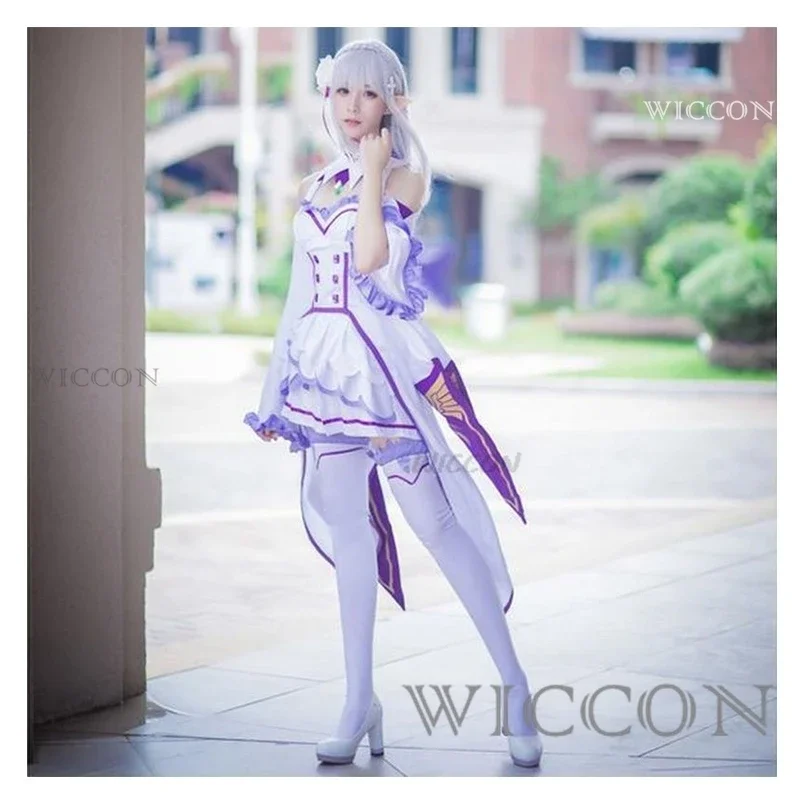 Anime Emilia Cosplay Rezero Kostüm Schuhe Cosplay Kostüm Lolita süße Perücke Frauen Kleid Halloween Kostüme für Frauen Elf Ohren